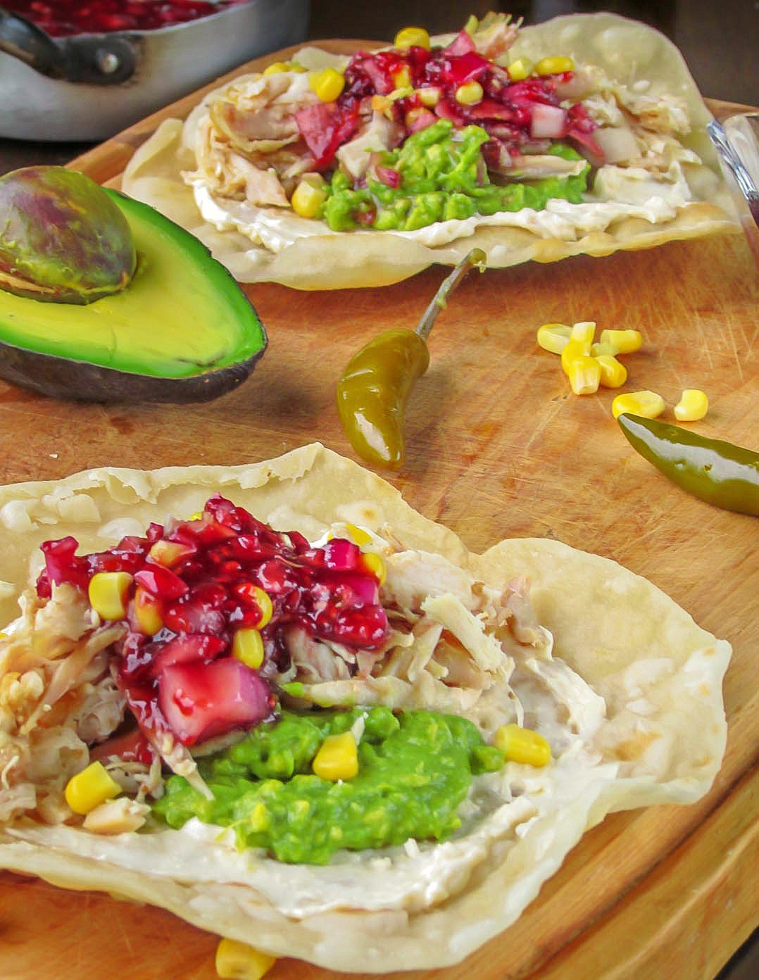 Shredded Chicken  Tostadas with Raspberry Serrano Chutney