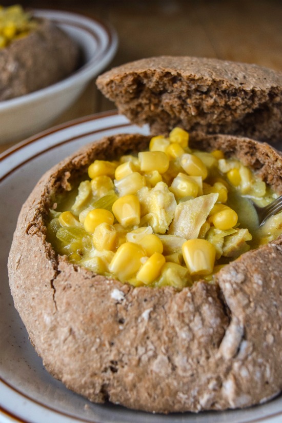 Corn and Chicken Chowder with Rye Bread Bowls Recipe