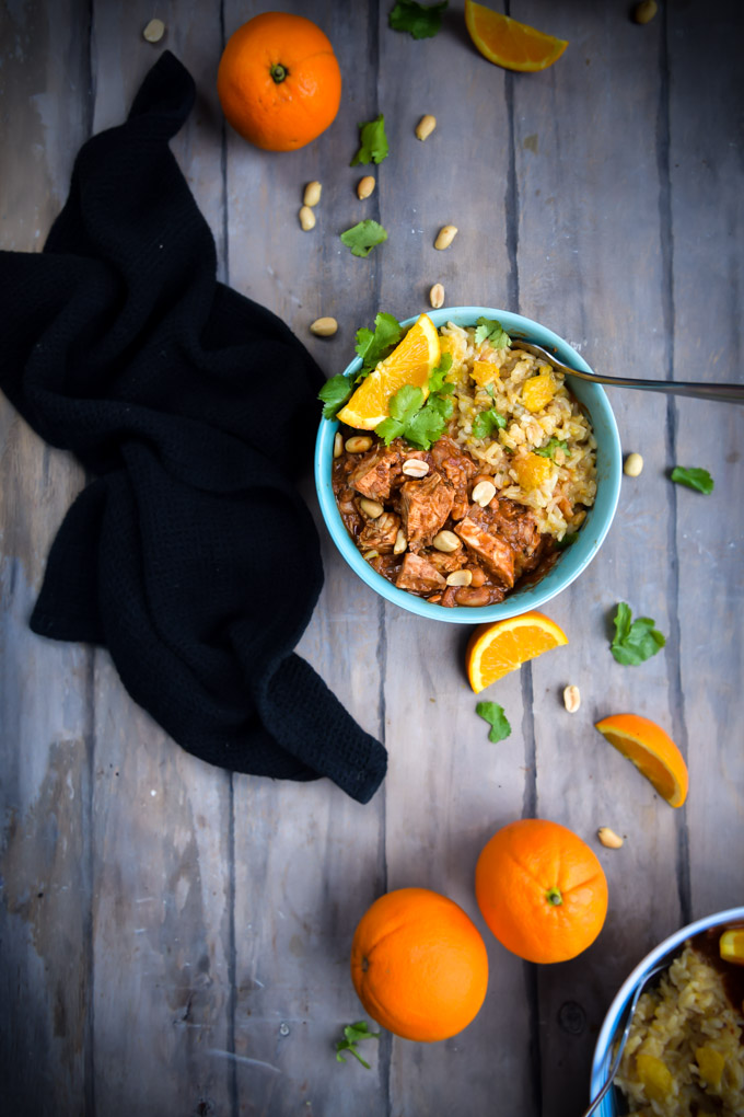 Chocolate Peanut Mole Chicken & Cilantro Orange Rice.