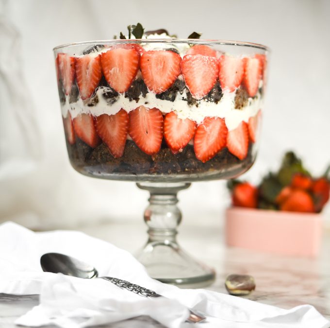 Strawberries+Cream Fudge Brownie Trifle