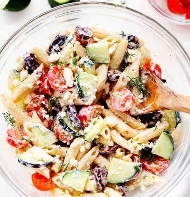 Greek Tzatziki Chia Fusilli Pasta Salad