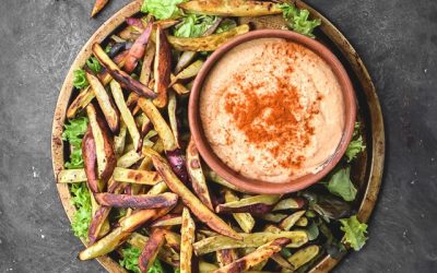 Baked Yam Fries with Sriracha Hummus (Vegan + GF)